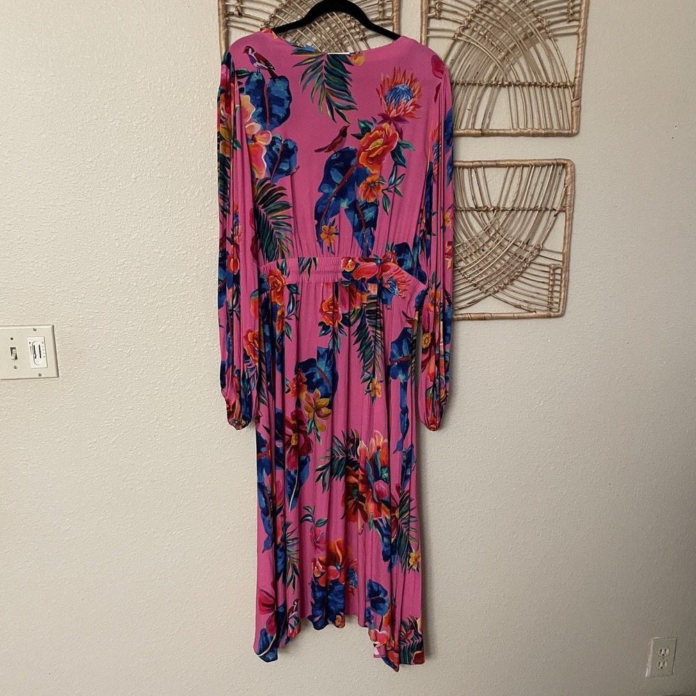 Farm Rio V-Neck Long Sleeve Floral Midi Dress Boho Tropical Pink Sz L B39 - Picture 6 of 15